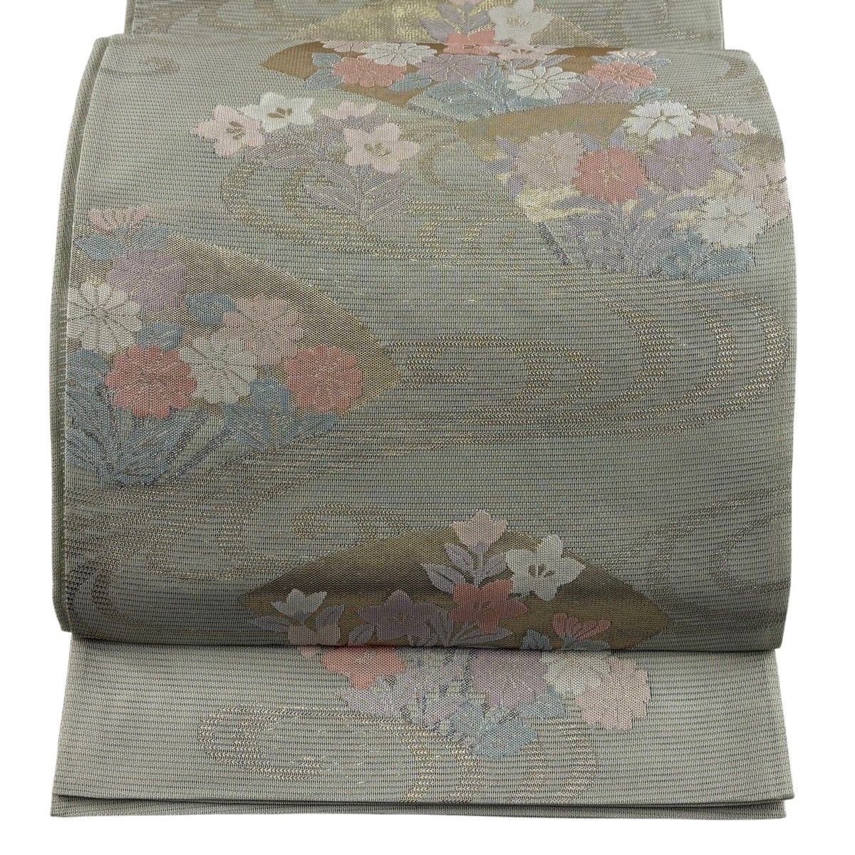 袋帯 秀品 夏帯 扇 草花 箔 銀糸 灰緑 六通 正絹 【中古】