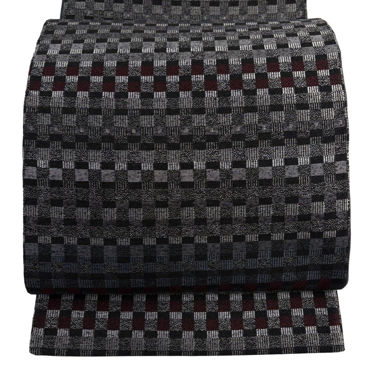 【美品】 袋帯 秀品 変わり市松 縞 銀糸 黒灰 六通 正絹 【中古】