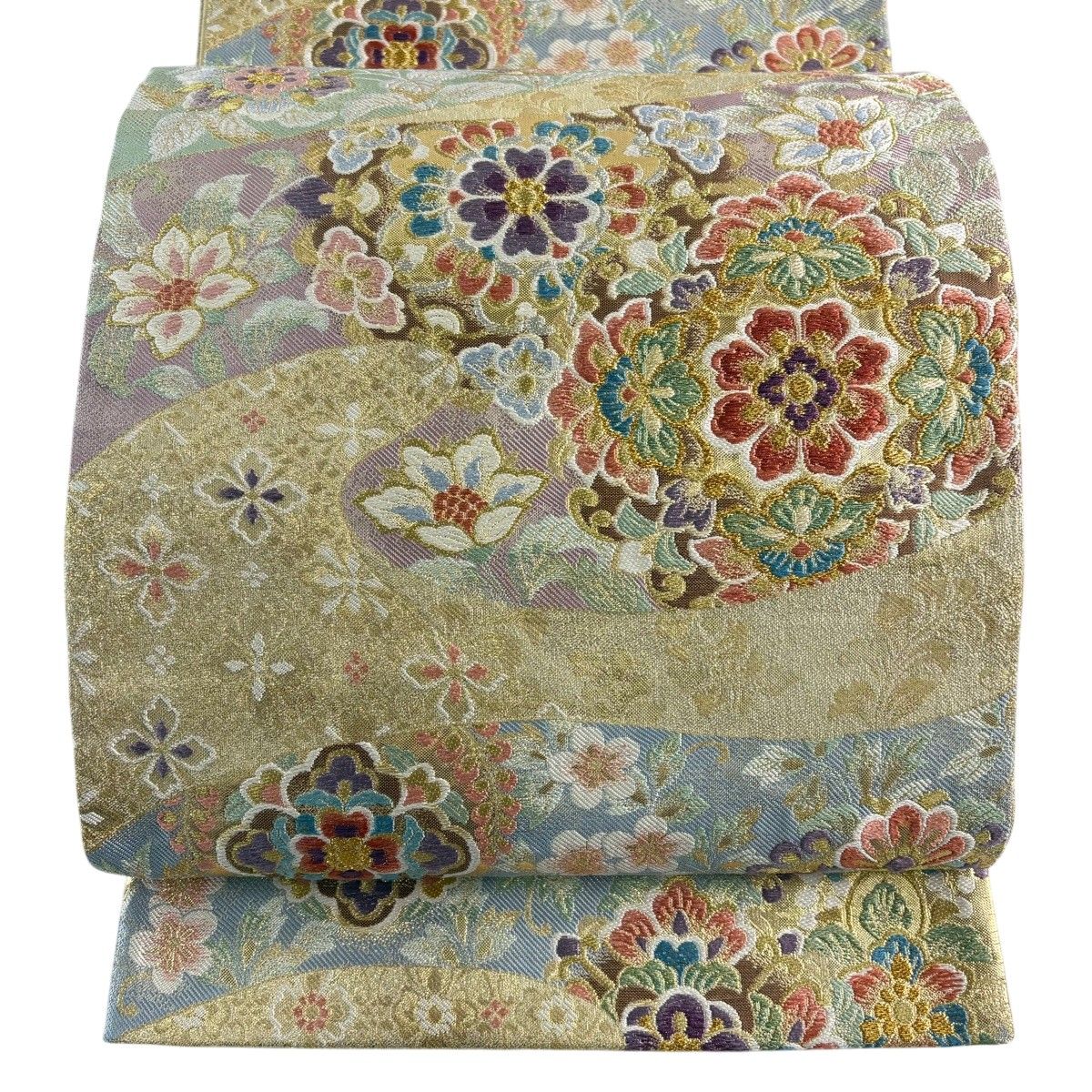 【美品】 袋帯 秀品 華文 草花 金銀糸 ベージュ 六通 正絹 【中古】