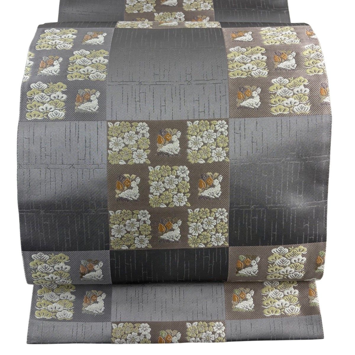 【美品】 袋帯 秀品 笠松 花うさぎ 箔 灰色 六通 正絹 【中古】
