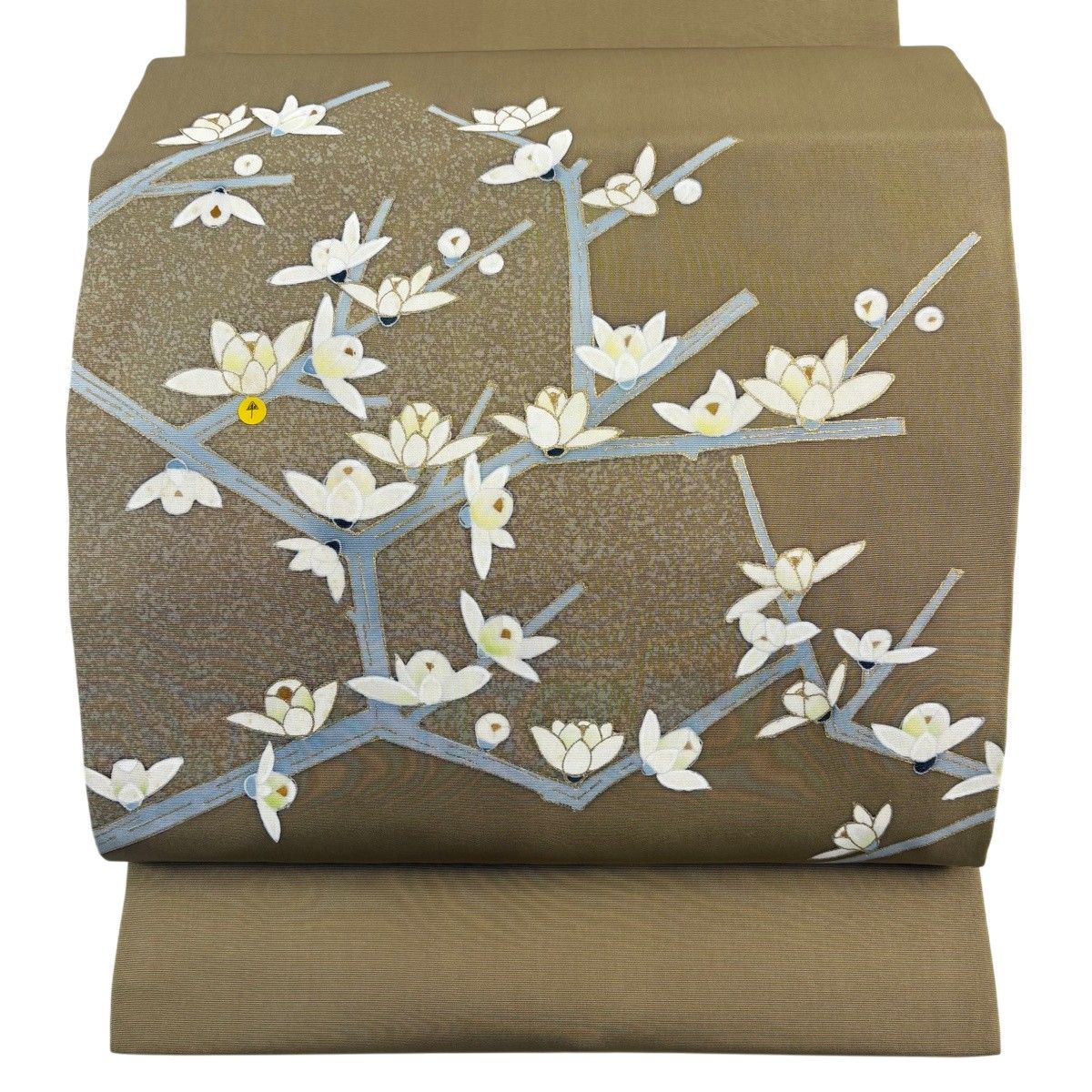 名古屋帯 秀品 落款 八寸名古屋帯 松葉仕立て 枝花 金彩 鶯色 正絹 【中古】