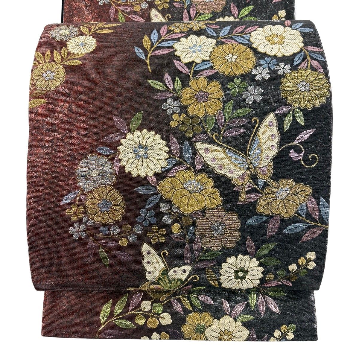 【美品】 袋帯 秀品 草花 蝶 箔 黒 六通 正絹 【中古】