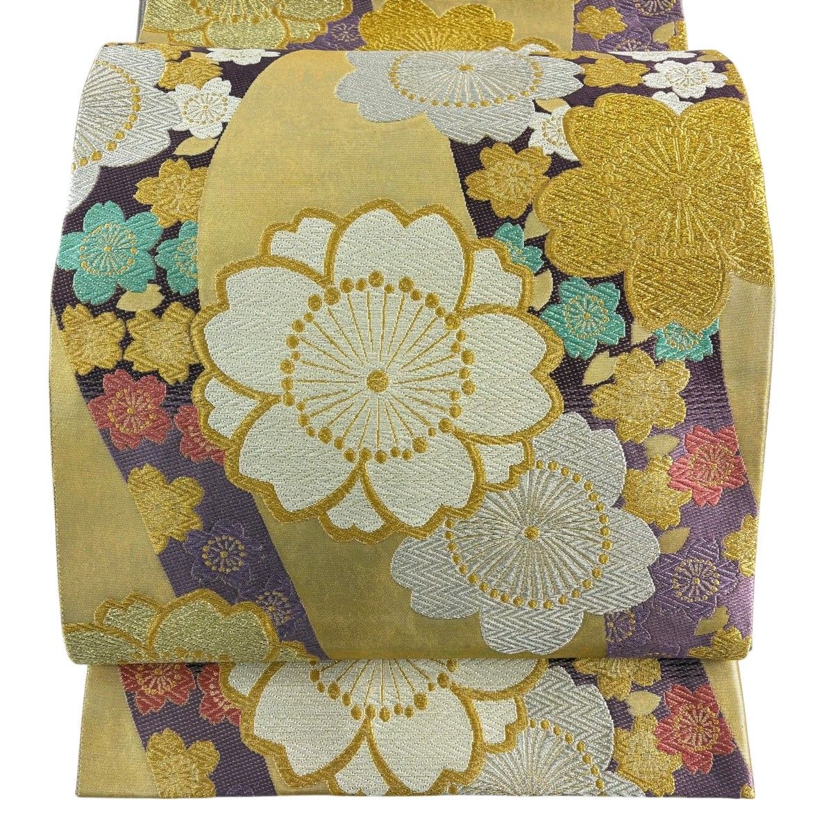 【美品】 袋帯 秀品 振袖向き 桜花 金銀糸 箔 金色 六通 正絹 【中古】