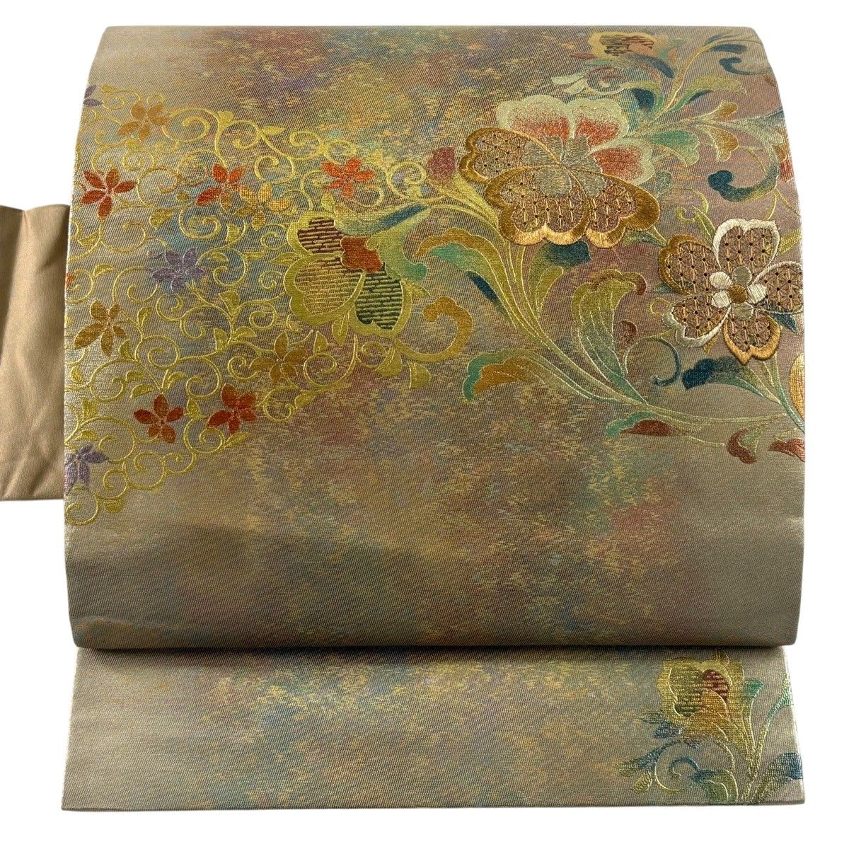 名古屋帯 秀品 草花 花唐草 刺繍 金糸 薄茶色 正絹 【中古】