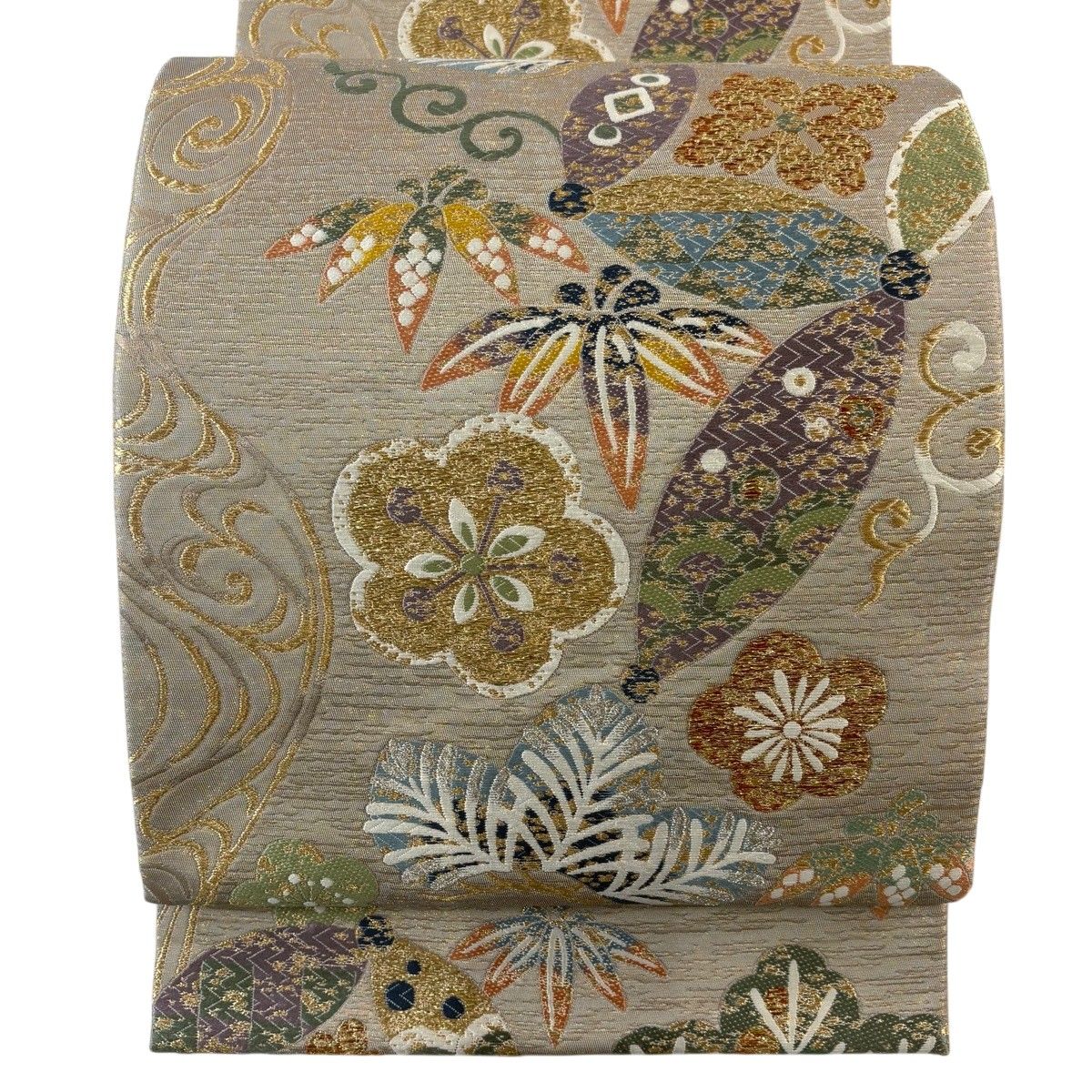 【美品】 袋帯 秀品 やまと 松竹梅 流水 金糸 箔 ベージュ 六通 正絹 【中古】