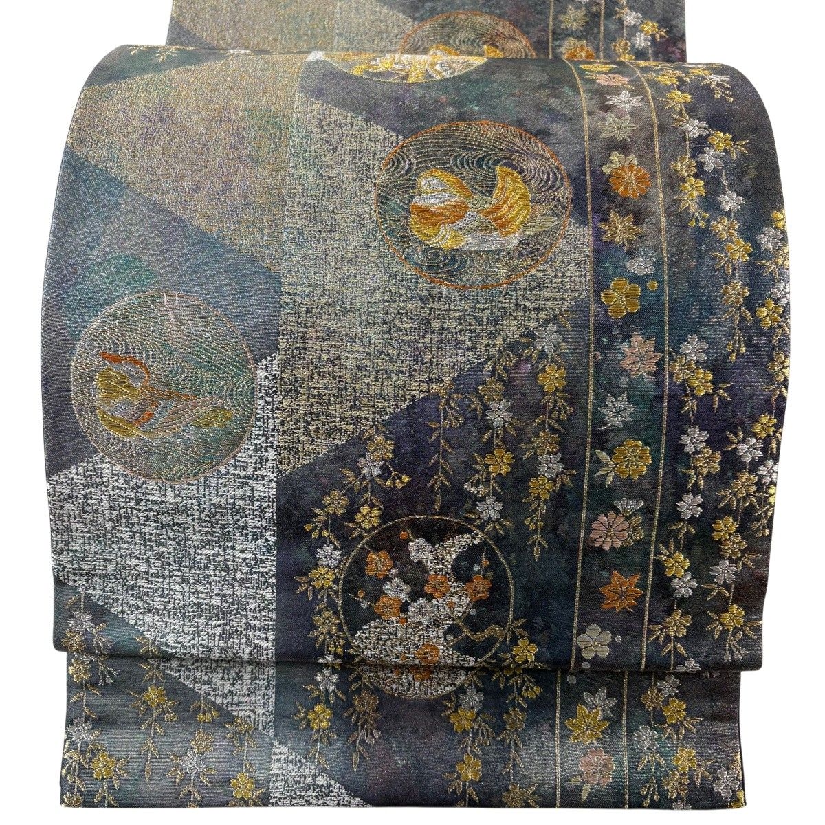 【美品】 袋帯 秀品 大原野蒔絵文 鴛鴦 金銀糸 箔 紫 六通 正絹 【中古】