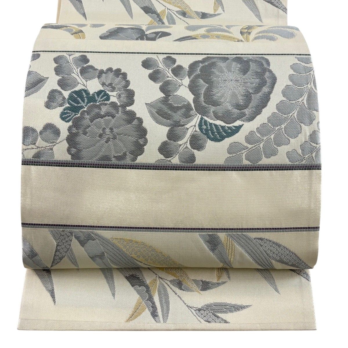 【美品】 袋帯 秀品 美濃和紙 辻が花柄 横段 箔 灰白 お太鼓柄 正絹 【中古】