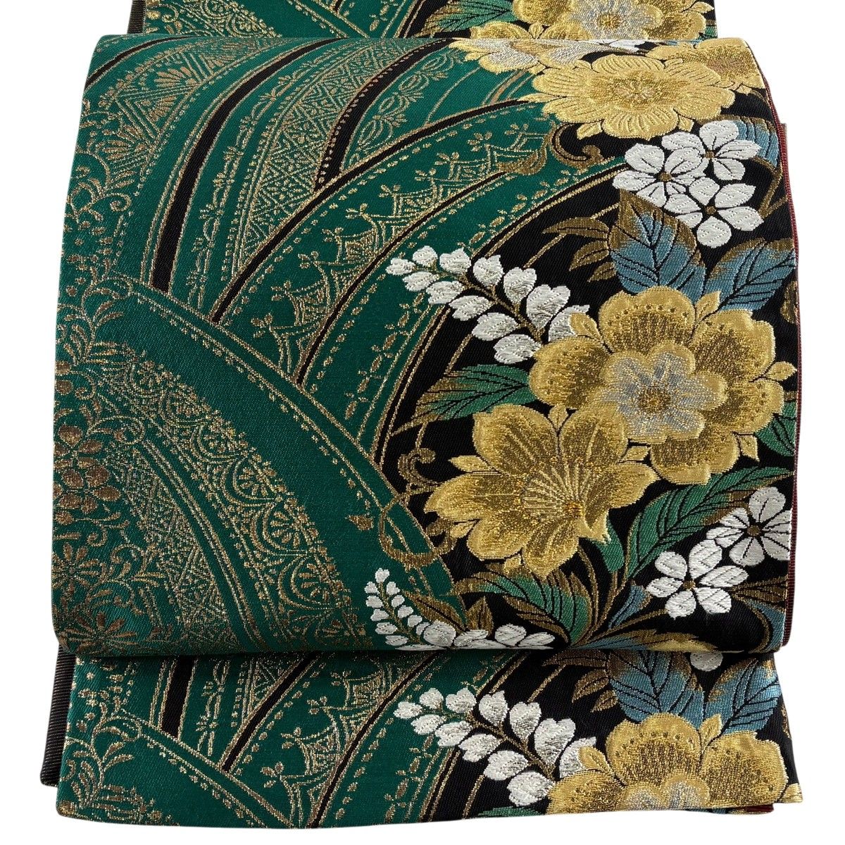 【美品】 袋帯 秀品 草花 波 唐織 金銀糸 緑 六通 正絹 【中古】