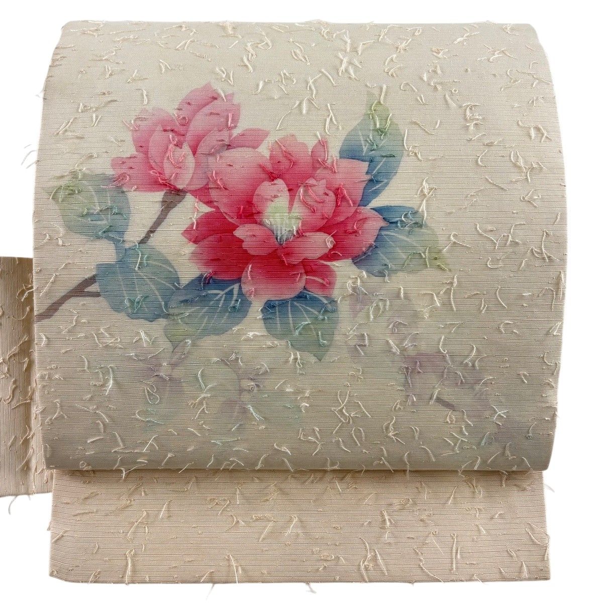 【美品】 名古屋帯 秀品 髭紬地 枝花 ぼかし 薄ピンク 正絹 【中古】