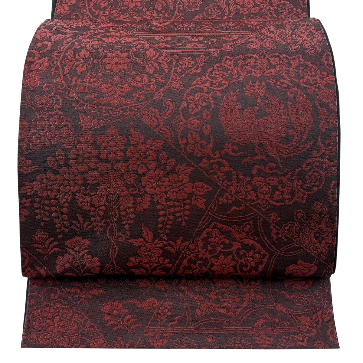 【美品】 袋帯 秀品 裂取紗羅正倉文 草花 鳳凰 箔 えんじ色 六通 正絹 【中古】