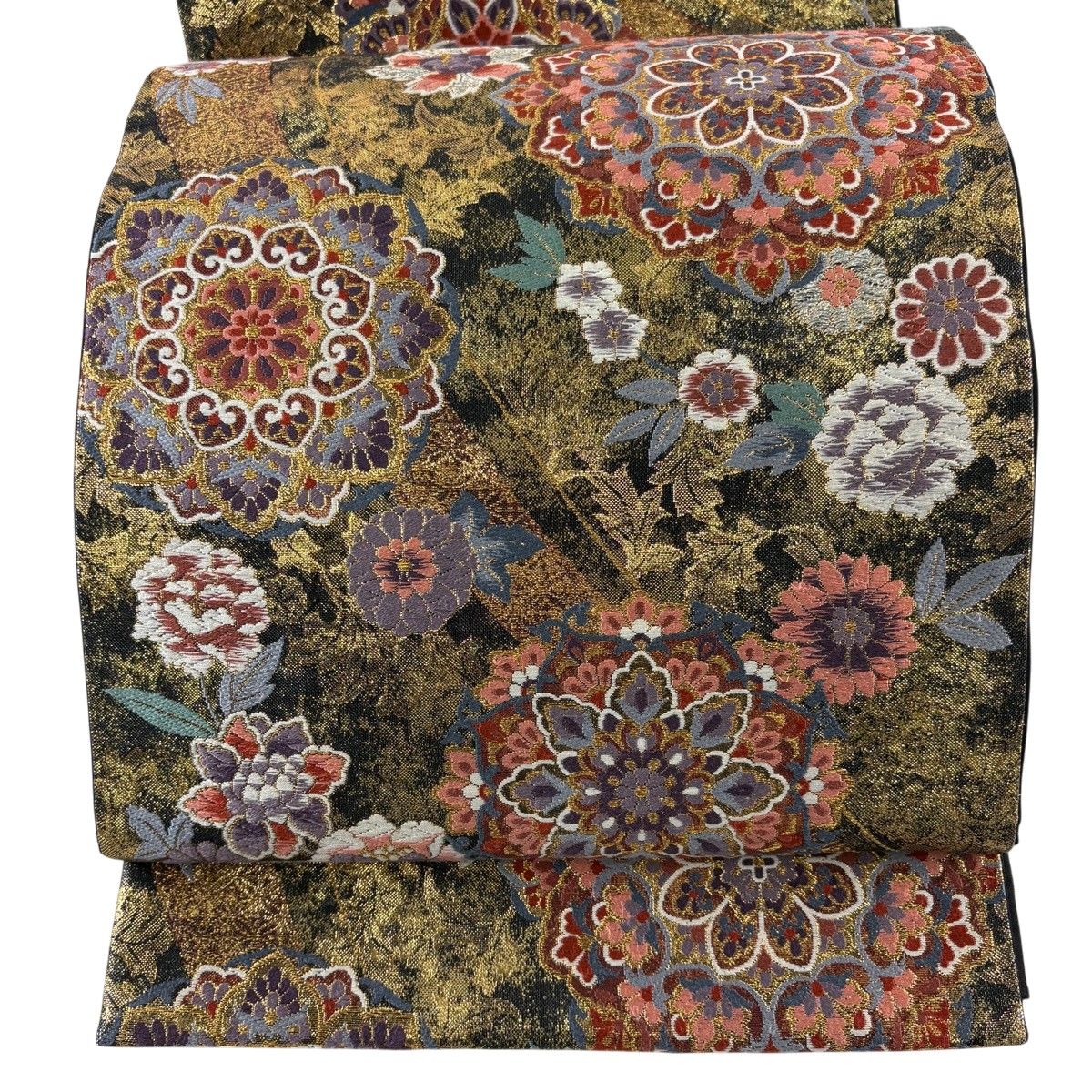 【美品】 袋帯 秀品 華文 草花 金銀糸 箔 黒 六通 正絹 【中古】