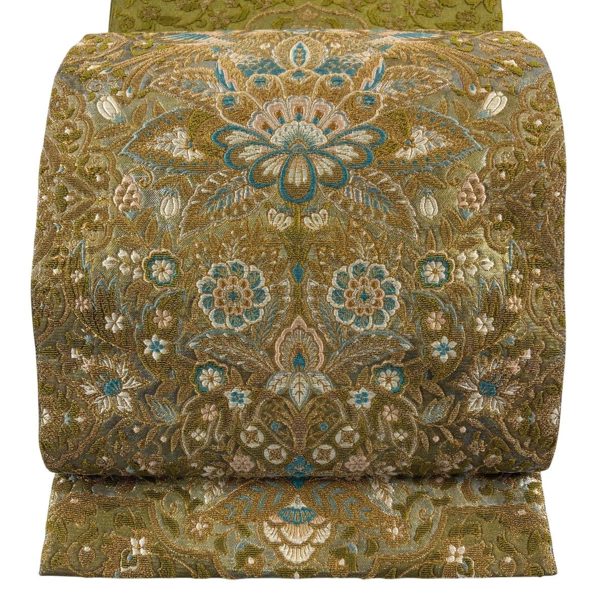 【美品】 袋帯 秀品 西域華映文 金銀糸 刺繍0 鶯色 お太鼓柄 正絹 【中古】