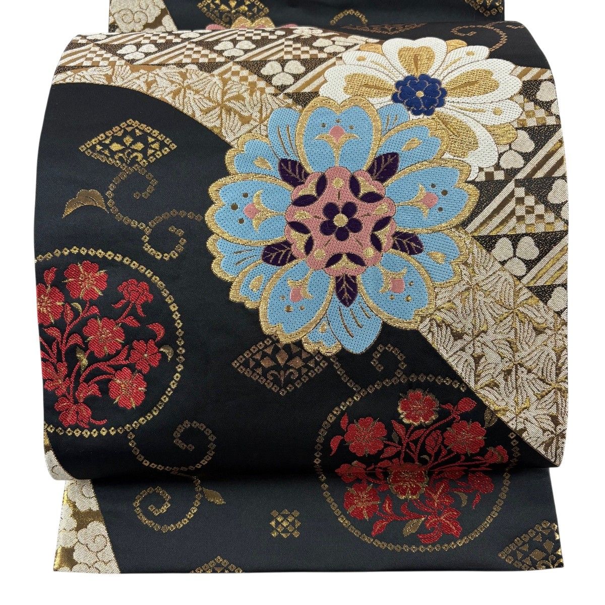 【美品】 袋帯 秀品 草花 鳥 金糸 箔 黒 六通 正絹 【中古】