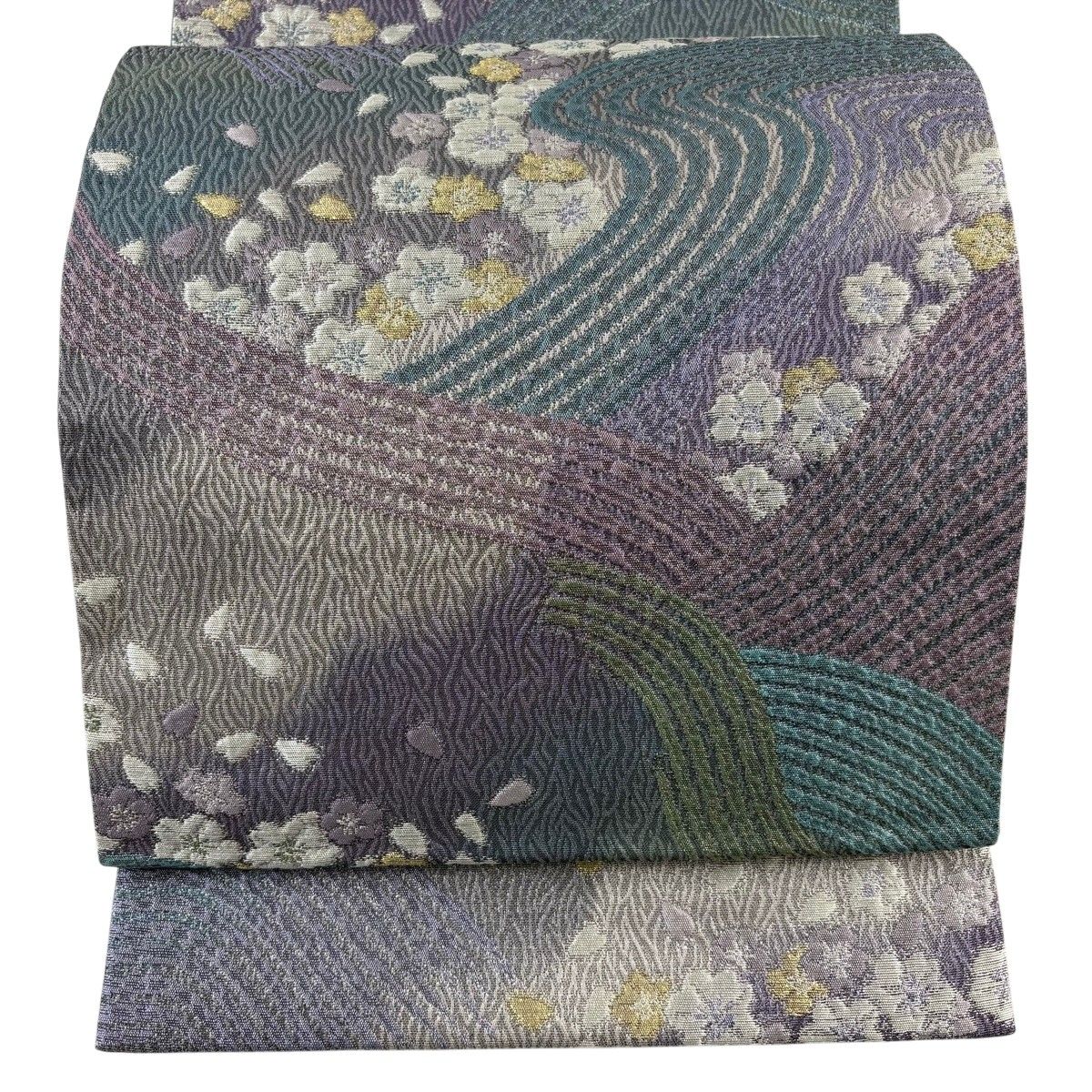 【美品】 袋帯 秀品 花 流水 金銀糸 紫 お太鼓柄 正絹 【中古】