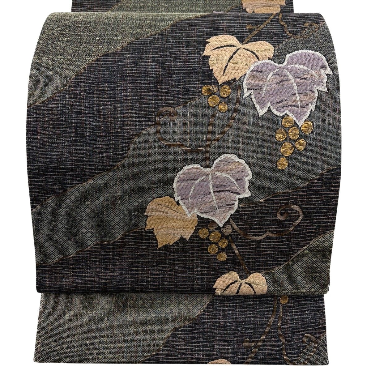 袋帯 秀品 やまと 芭蕉 パイナップル織 葡萄 よろけ縞 箔 ラメ糸 墨色 六通 正絹 【中古】