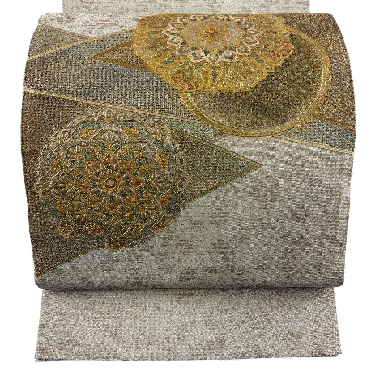 袋帯 秀品 華文 刺繍 金彩 灰色 お太鼓柄 正絹 【中古】