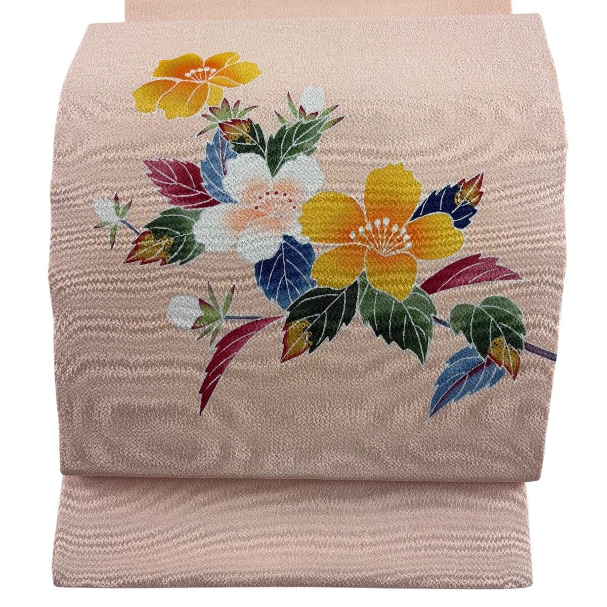 【美品】 開き名古屋帯 秀品 落款 枝花 縮緬 薄オレンジ 正絹 【中古】