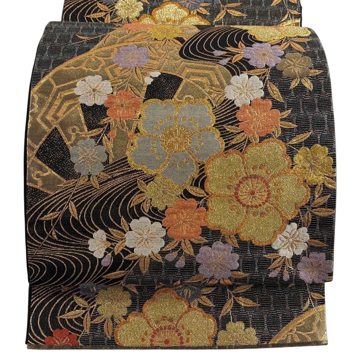 美品】 袋帯 秀品 華文 草花 金銀糸 箔 黒 六通 正絹 【中古】