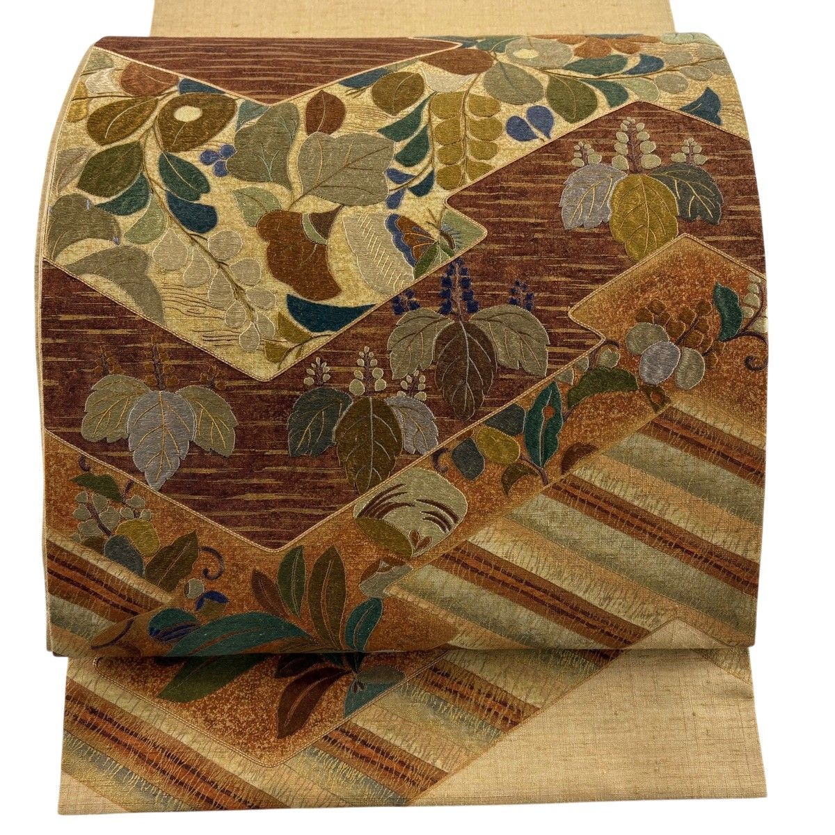 袋帯 秀品 草花 幾何学 箔 金彩 茶色 お太鼓柄 正絹 【中古】