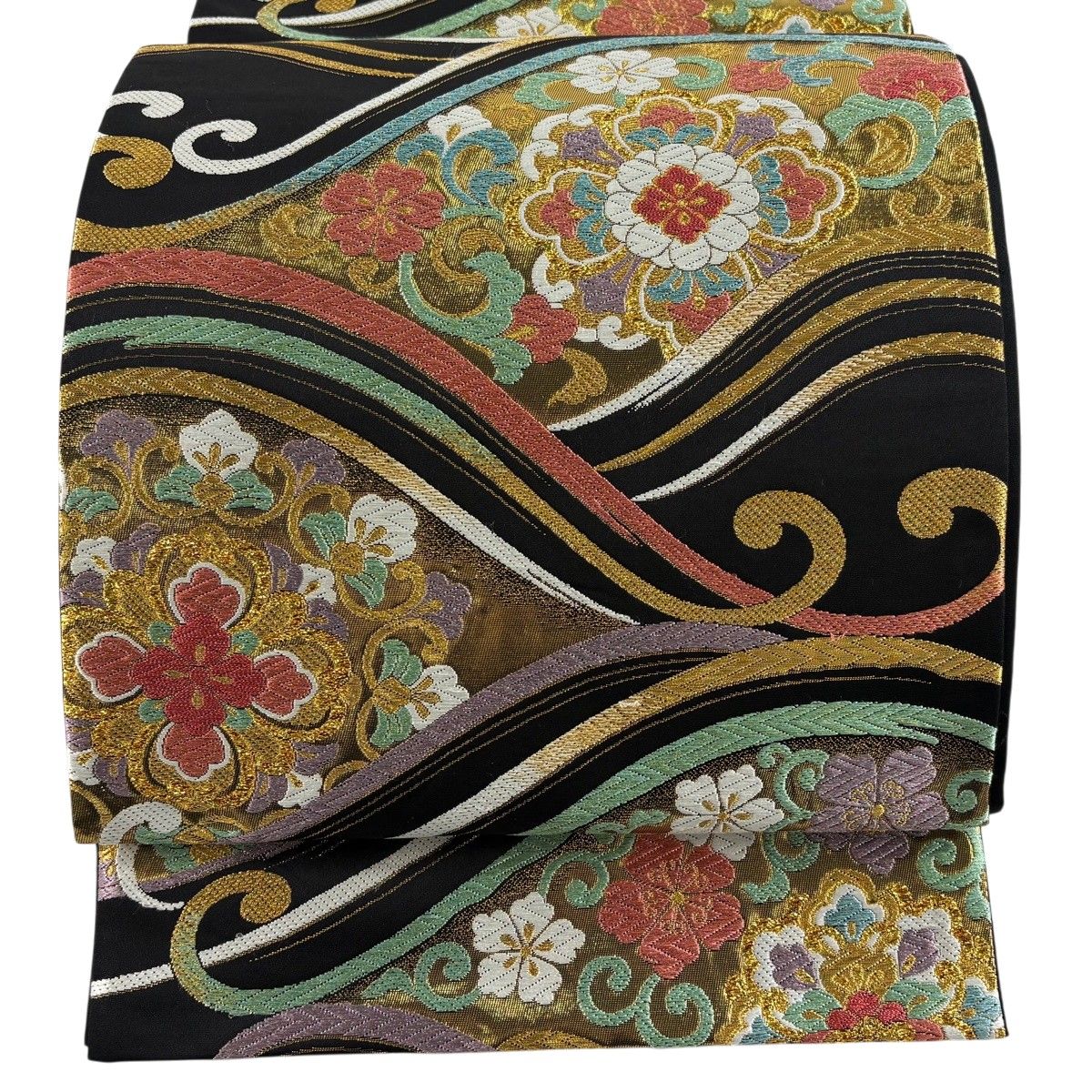 【美品】 袋帯 秀品 華文 梅 金糸 唐織 黒 六通 正絹 【中古】