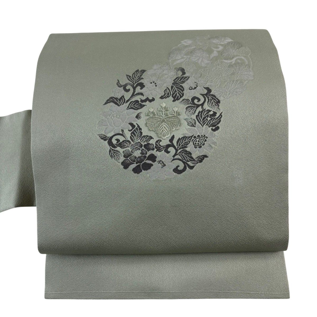 名古屋帯 秀品 落款 関西仕立て 花丸文 桐 刺繍 箔 灰緑 正絹 【中古】