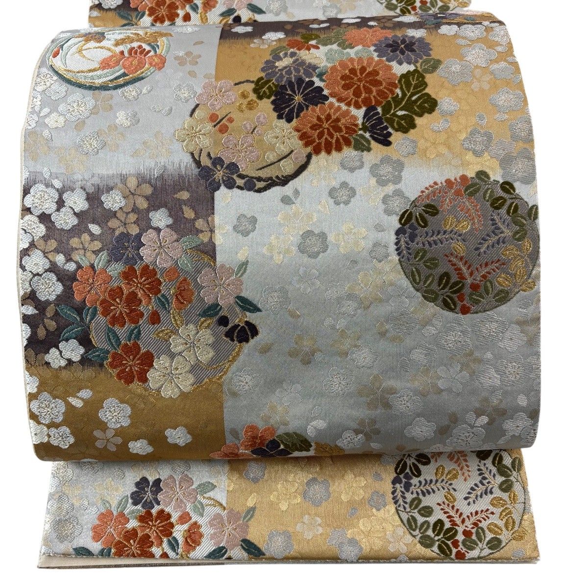 【美品】 袋帯 秀品 花丸文 梅 箔 唐織 灰色 六通 正絹 【中古】