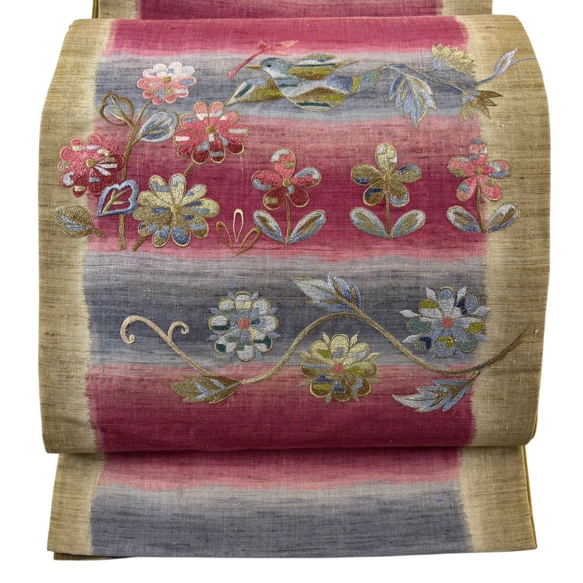 【美品】 袋帯 秀品 紬地 花鳥 唐草 刺繍 金糸 ピンク お太鼓柄 正絹 【中古】