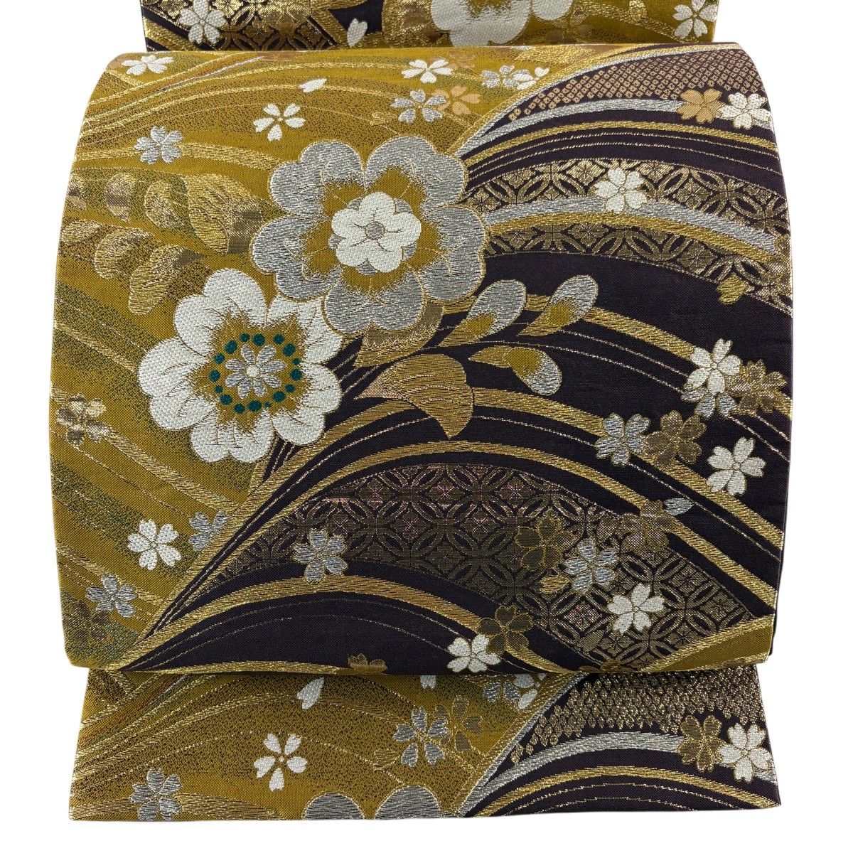 【美品】 袋帯 秀品 振袖向き 草花 七宝 箔 金銀糸 濃紫 六通 正絹 【中古】