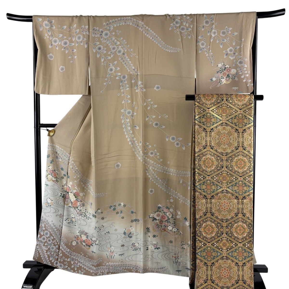 【美品】 訪問着 身丈158cm 裄丈67.5cm L 袷 袋帯セット 花車 流水 金銀彩 ぼかし 薄茶色 正絹 名品 【中古】