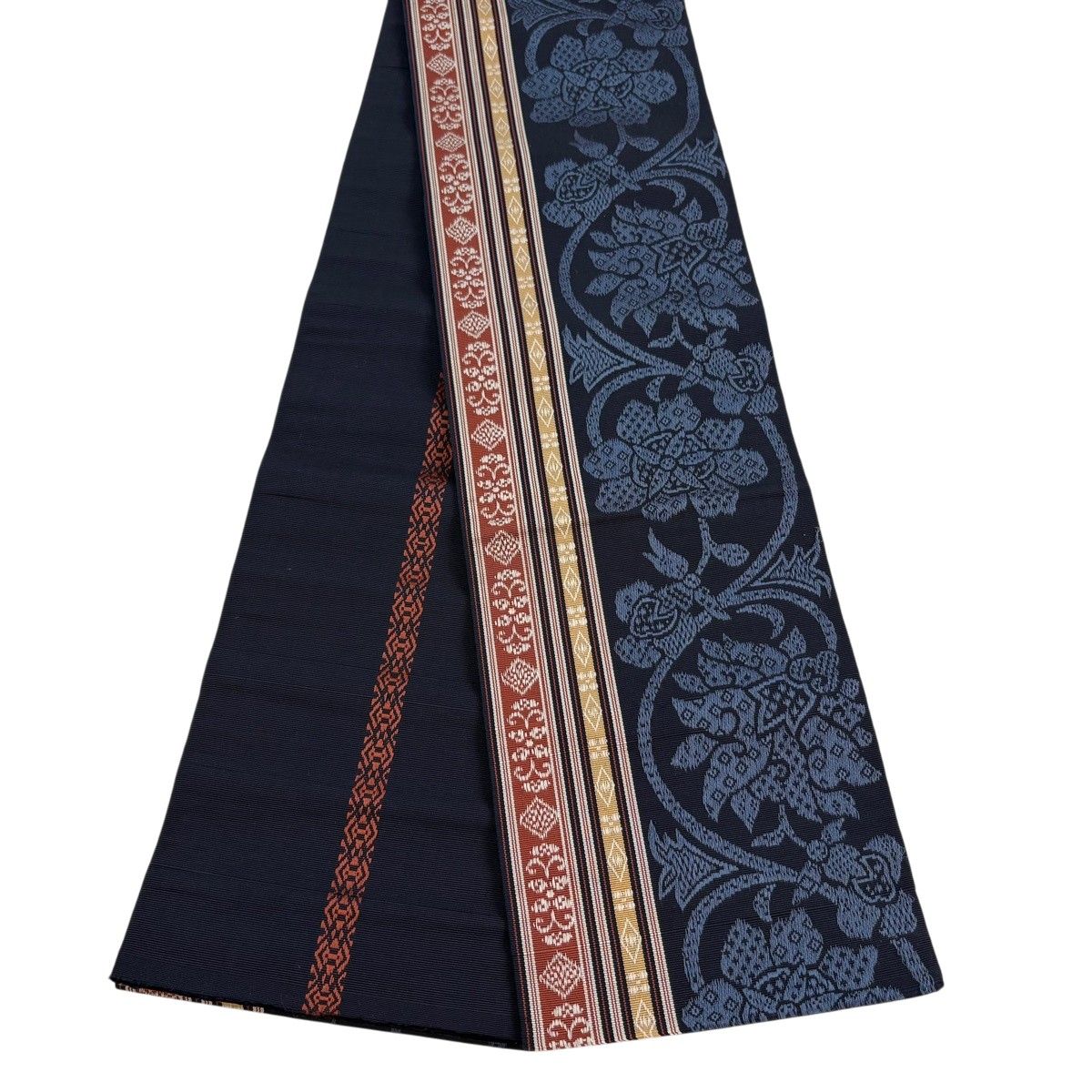 半幅帯 優品 花唐草 縞 濃紺 正絹 【中古】