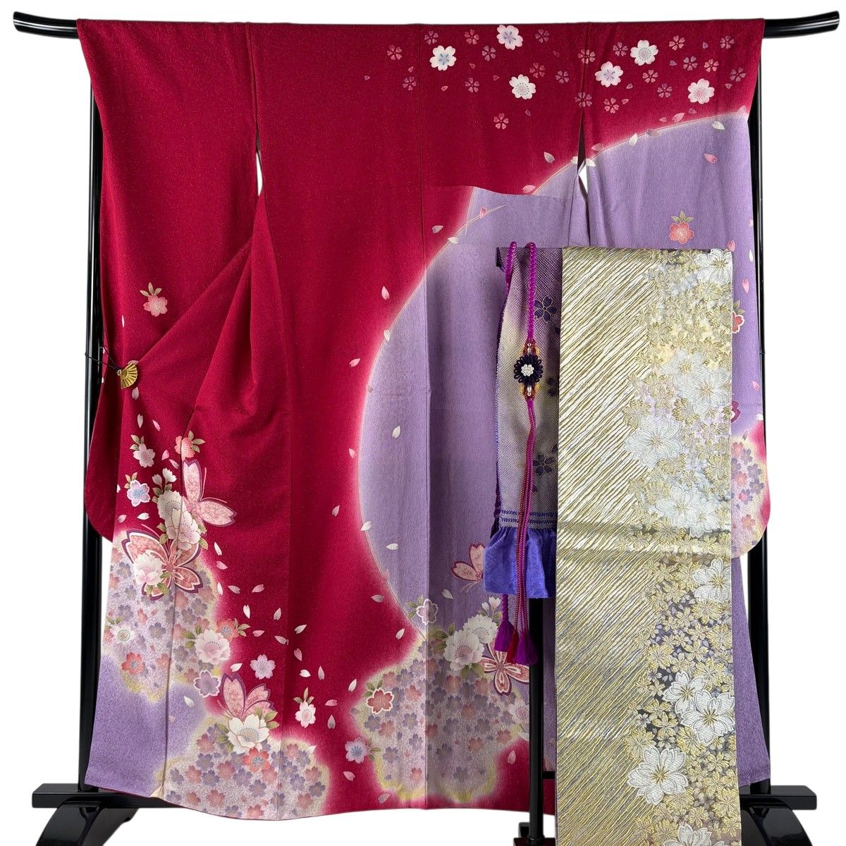 振袖 身丈159cm 裄丈68.5cm L 袷 袋帯フルセット 蝶 桜 箔 銀通し 赤 正絹 名品 【中古】