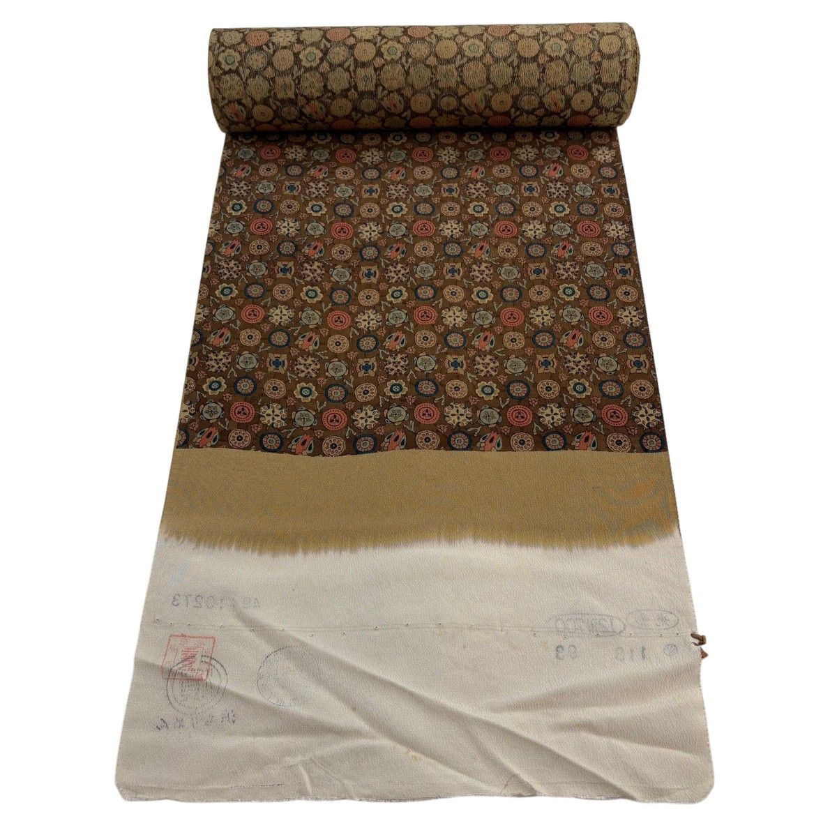 反物 秀品 小紋 華文 つぼみ 茶色 正絹 【中古】