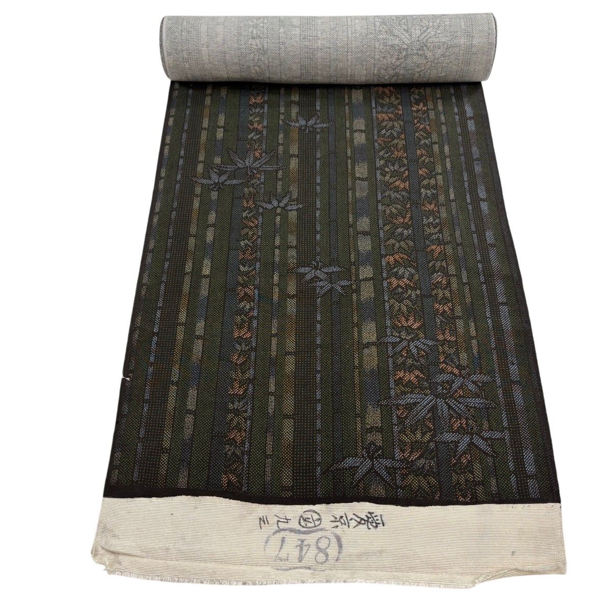 反物 秀品 紬 竹 縞 深緑 正絹 【中古】