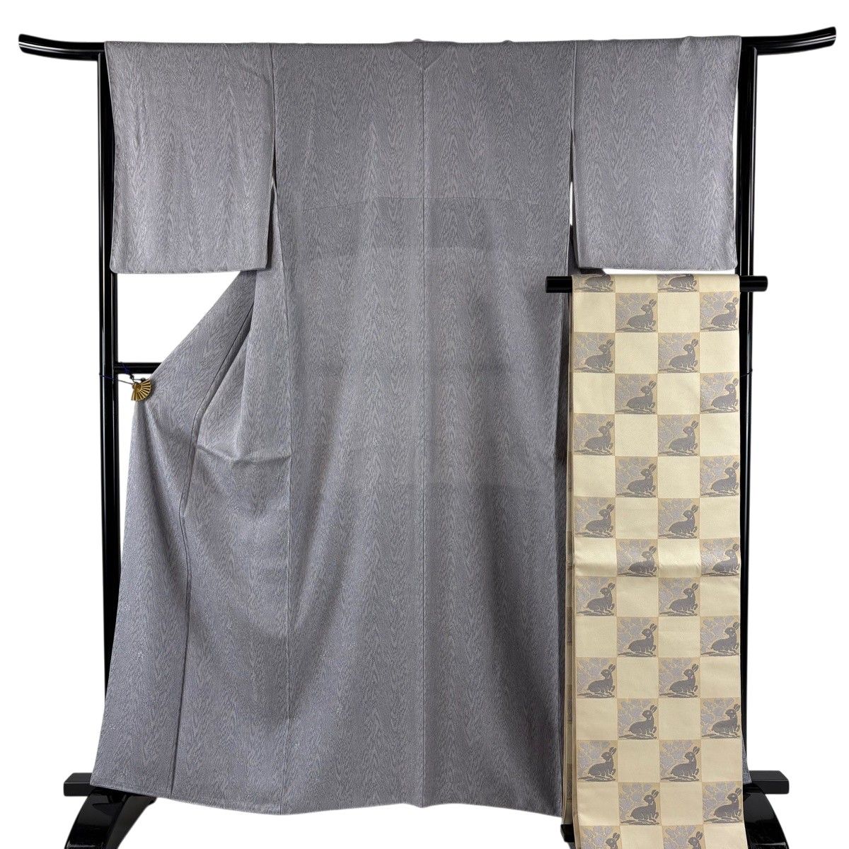 【美品】小紋 身丈161.5cm 裄丈64.5cm M 袷 袋帯セット 木目 灰色 正絹 秀品 【中古】