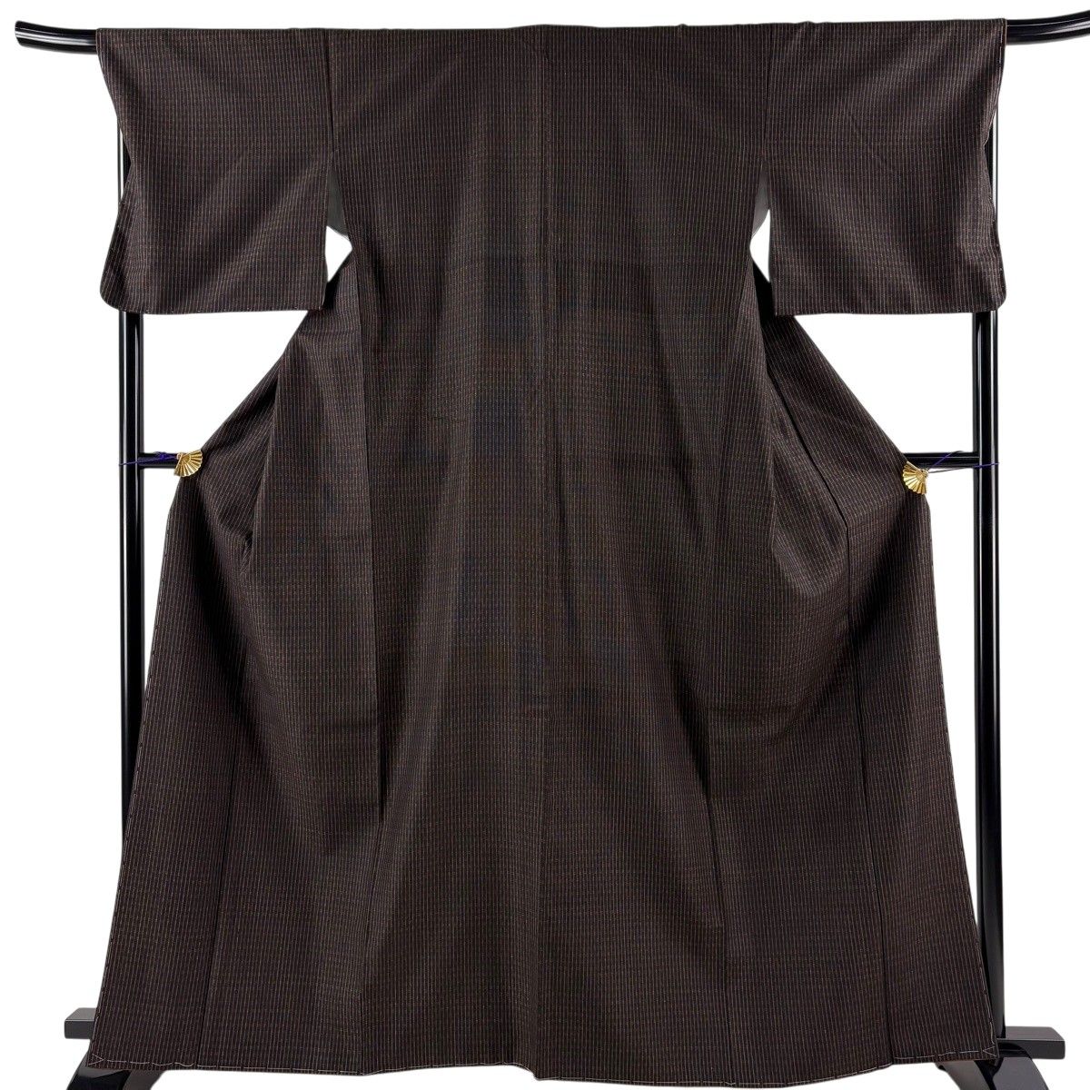 【美品】 紬 身丈163cm 裄丈69.5cm L 袷 縦縞模様 幾何学模様 焦茶色 正絹 名品 【中古】