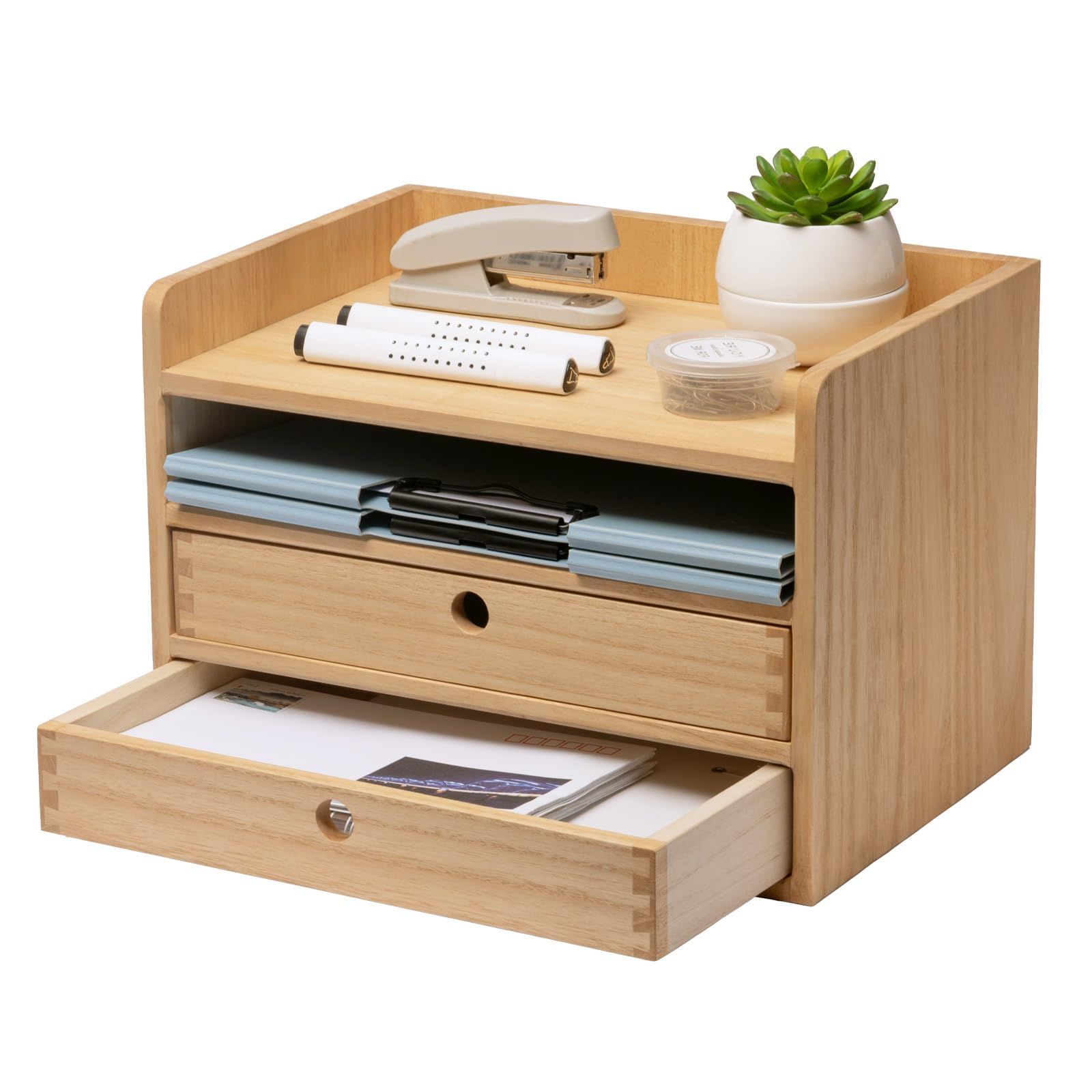 KIRIGEN デスク上置棚 引出し 木製 レターケース 書類 トレー 書類 収納 小物 収納 チェスト蟻組構造 完成品 ナチュラル TQ-3D2C-NAts