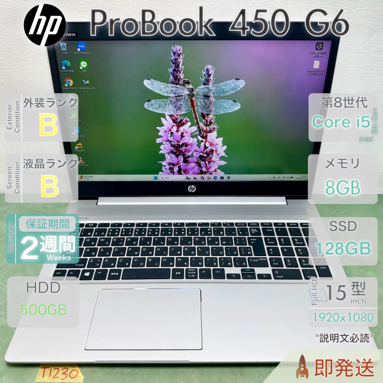 HP ProBook 450 G6/Core i5 第8世代搭載/メモリ8GB/SSD128GB+HDD500GB/Win11/中古/15.6型/テンキー/動作確認済/即発送
