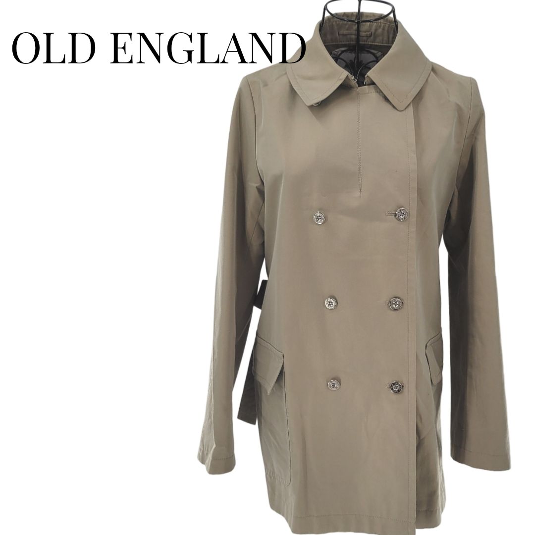 【美品】OLD ENGLAND オールドイングランド スプリングコート 長袖 ロング丈 サイズ38 紐付き カーキ コットン レディース