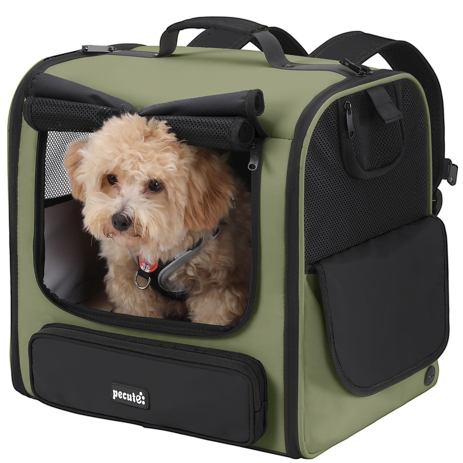 【新品】Pecute 猫 キャリー リュック ペット キャリーバッグ 犬 猫 リュック 広い空間 通気性 軽量 折りたたみ式 脱歩防止 持ち運びやすい 猫 小型犬 ウサギ 小動物用 旅行 通院 災害避難用 防災用 ダークグリーン 991145e9
