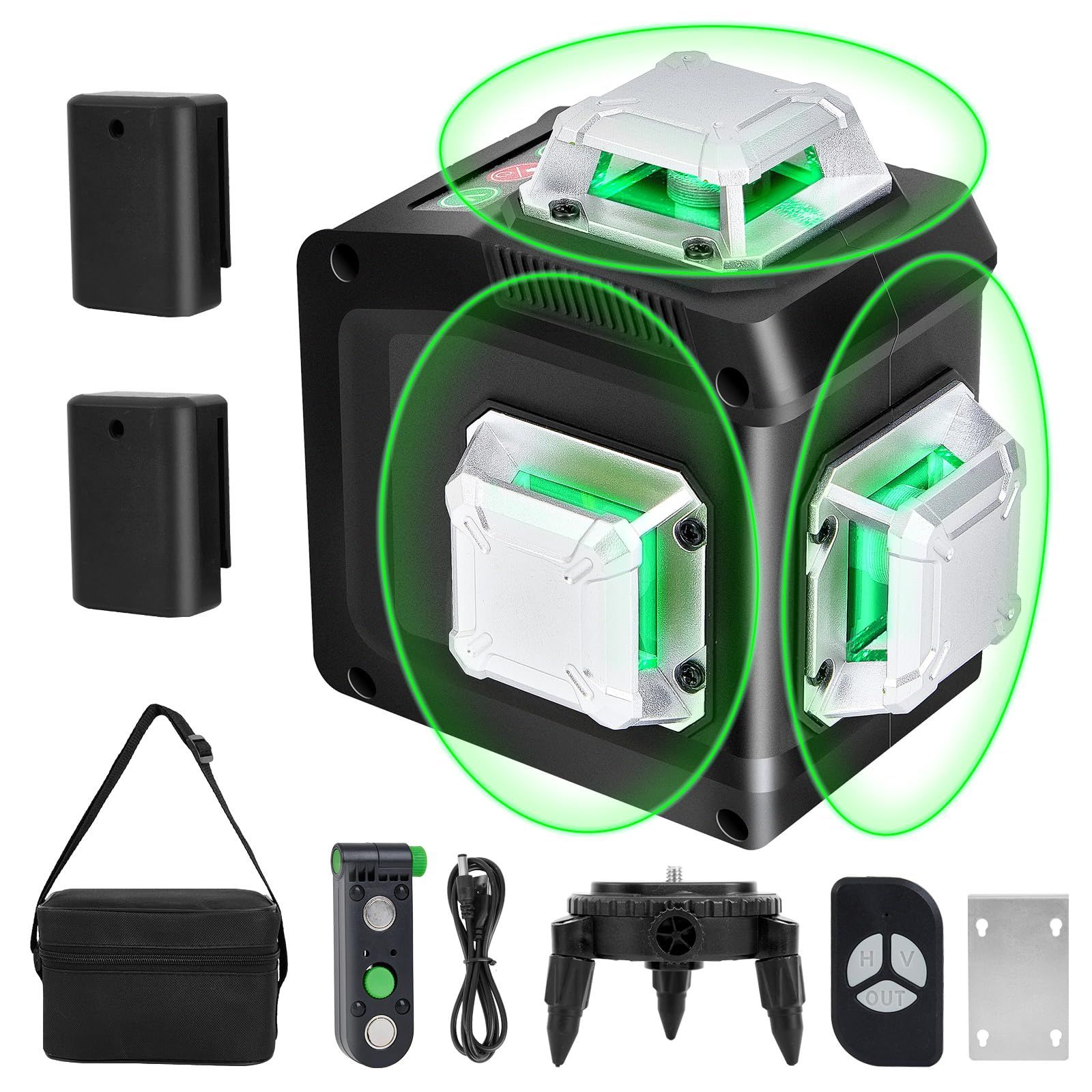 ☆新品☆レーザー墨出し器、墨出しレーザー、3Dグリーンレーザー墨出し器、3x360°、水平器 レーザー ビルドとアライメント用、充電式バッテリー、リモコン、磁気回転スタンド レーザー安全基準:クラス2 12ライン 12X-A