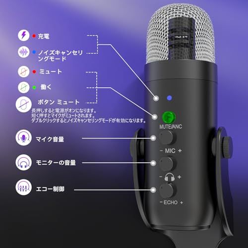 ZealSound ワイヤレスマイク、*Phone PC iPad Android Phone用USBマイク、ミュートエコーモニターボリュームゲインBluetooth 2.4GHz付きコードレスコンデンサーデスクトップマイク、ポッドキャスト、 2818e2c9