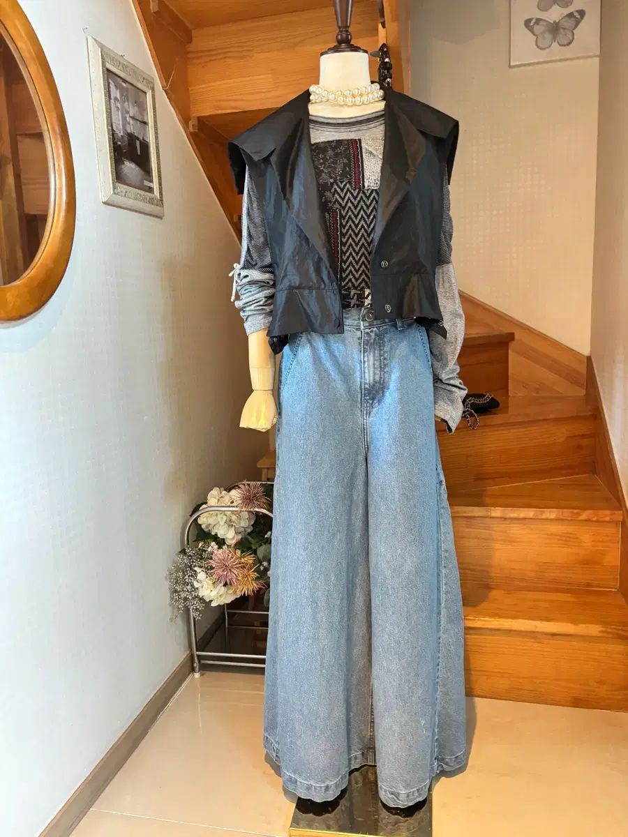 清涼デニム ワイド ロング パンツ アンド 多用途 ベスト