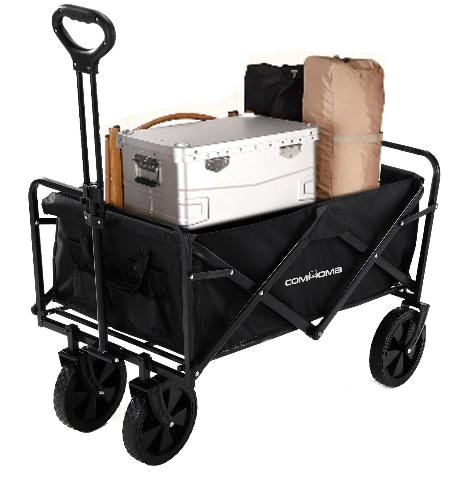 COMHOMA キャリーワゴン キャリーカート アウトドアワゴン 折りたたみ 自立可 PUタイヤ 洗える 耐荷重100kg 頑丈 持ち運び便利 台車 アウトドア キャンプ用品 買い物 ミニサイズ 軽量 【ブラック】