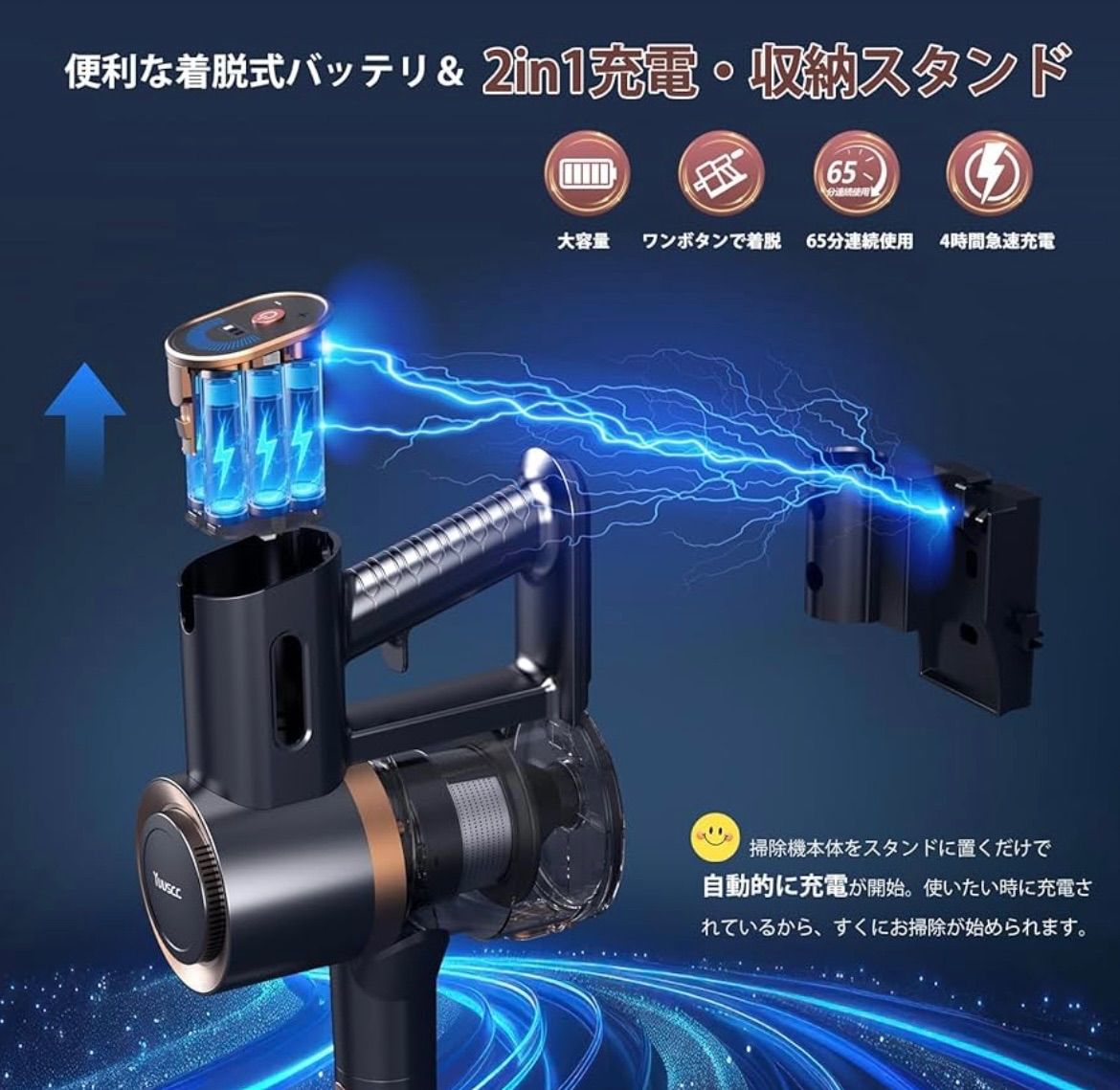 掃除機 コードレス65Kpa超強力吸引LEDライト＆2in1置くだけ充電スタンド 掃除機 コードレス【2in1置くだけ充電スタンド＆次世代LEDディスプレイ