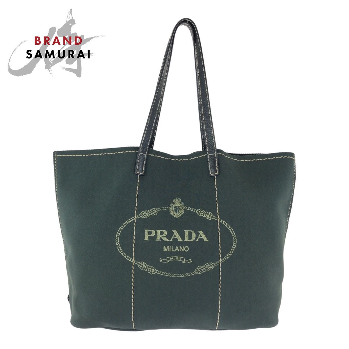 美品 PRADA プラダ 三角ロゴプレート カーキ グリーン レザー