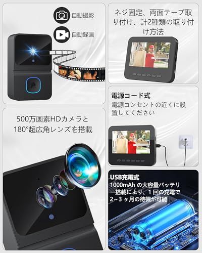 インターホン カメラ付き 工事不要 Wi-Fi不要テレビドアホン【双方向通話｜128メモリカード付属｜2.4GHz 長距離伝送】スマートビデオドアベル 玄関カメラ 自動録画 暗視機能 180°超広角 設置簡単 USB充電 省エネ 180日連続 50b2fa15
