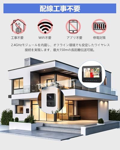インターホン カメラ付き 工事不要 Wi-Fi不要テレビドアホン【双方向通話｜128メモリカード付属｜2.4GHz 長距離伝送】スマートビデオドアベル 玄関カメラ 自動録画 暗視機能 180°超広角 設置簡単 USB充電 省エネ 180日連続 50b2fa15