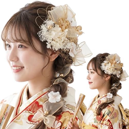 [LALALA beauty flowers] 髪飾り 成人式 振袖 ベージュ 卒業式 袴 チュール 和装 着物 七五三 結婚式 二十歳の集い ヘアアクセサリー (ベージュ) 2700hAR c7defacd