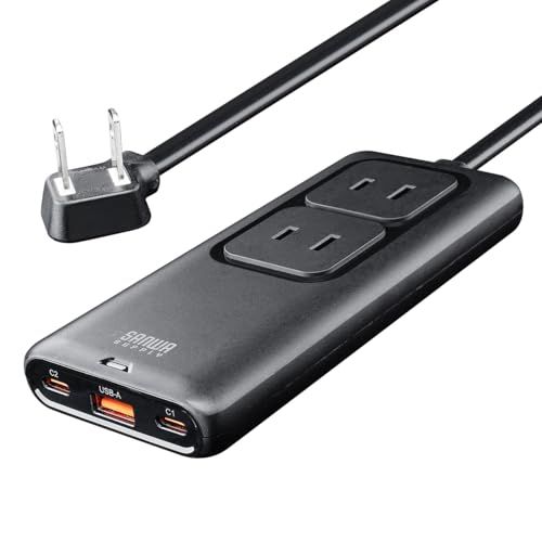 サンワダイレクト 電源タップ USB付き 2個口 Type-C×1 USB-A×1 PD 65W対応 1.5m 薄型 小型 延長コード 卓上 旅行 持ち運び ブラック 700-TAP092BKts