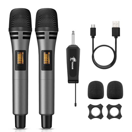 ワイヤレスマイク、TONOR UHF デュアル カラオケマイク システム、無線マイク プロフェッショナル充電式レシーバー、コードレス 、結婚式、DJ、パーティー、スピーチ TW320 グレー 国内発送 bb2a3547